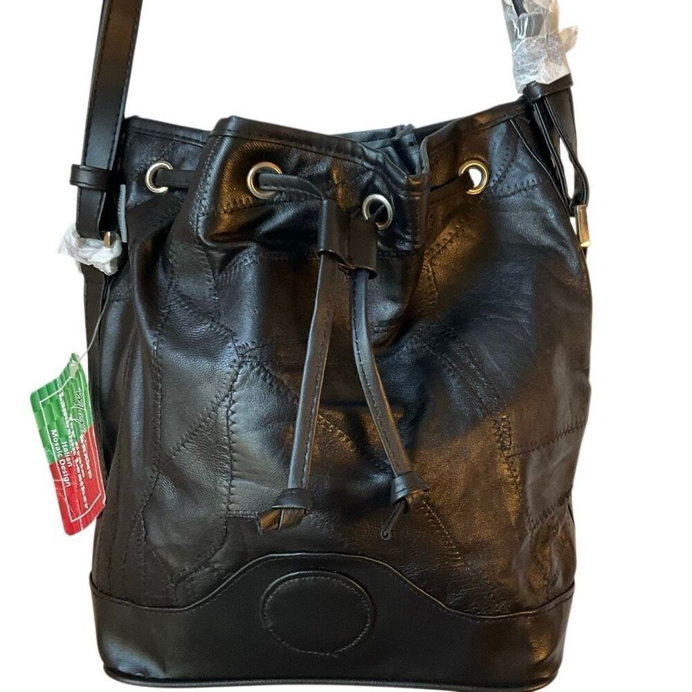 Maxam Lambskin Patchwork Mosaic Drawstring Bag, Black NWT Vintage